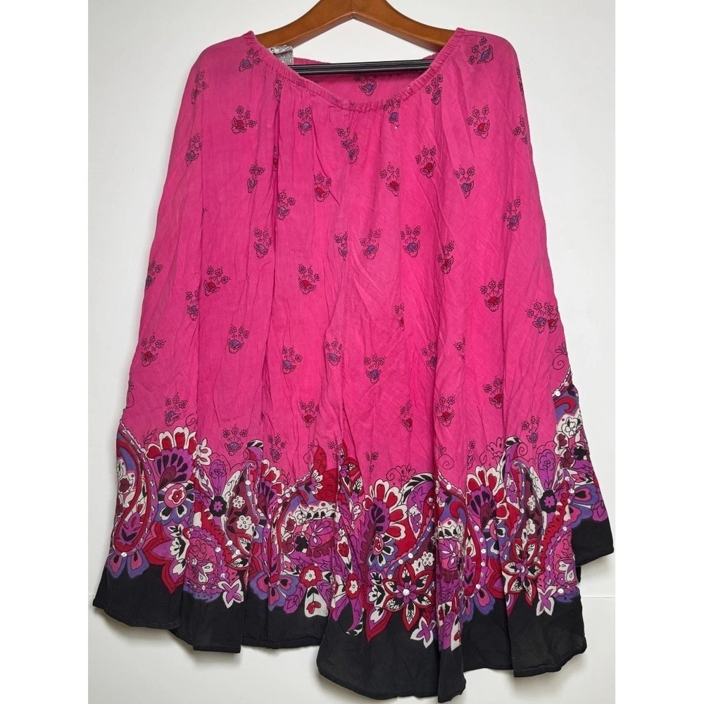 Women A Line Maxi Skirt Small (4/6) Pink Multi Paisley Floral Print Cotton Party